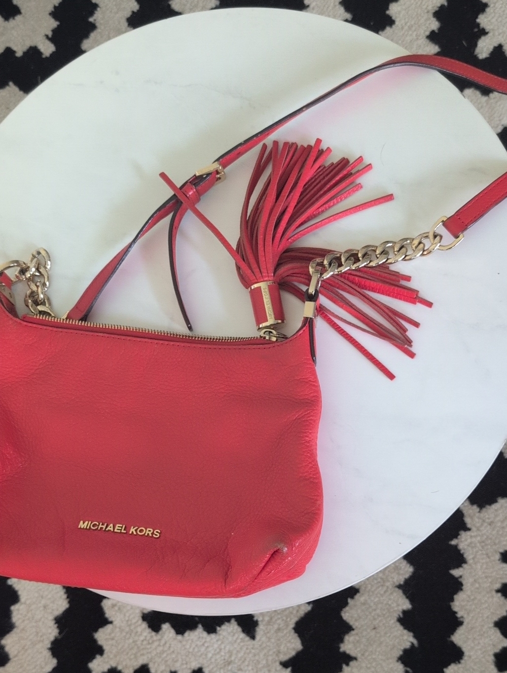 Michael Kors Red Leather Crossbody with Tassel and Chain Strap